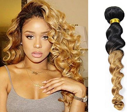 Greemeo Blonde Ombre Brazilian Loose Curly Wave Virgin Hair Bundle 100% Remy Human Hair Hair Extension Black to Dark Blonde 2 Tone Colour 100g (16 inch, 1B/27)