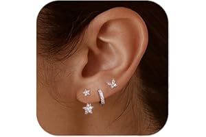 ALEXCRAFT Set Orecchini Argento 925 Cartilagine Piercing Zirconi Piccoli Bottone Perno Farfalla Fiore