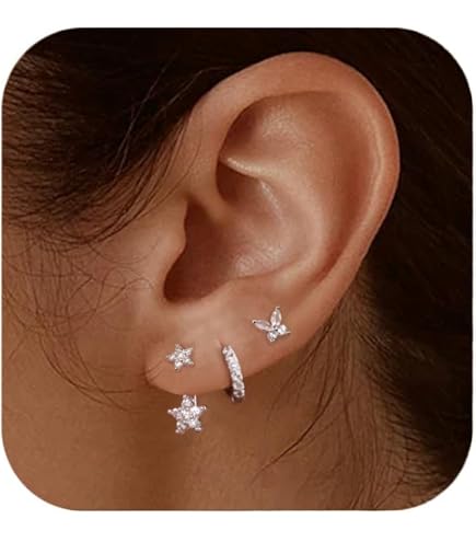 Set Di 4 Orecchini Donna A Cerchio Con Zirconia Cubica - Argentei, A Foglia, Fiore E Pendenti, Eleganti - 4