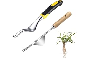 BoloShine 2 Piezas Extractor de Maleza de Acero Inoxidable, Weeder de Mano de Jardín Eliminar Malas Hierbas Extractor Quita Desherbador Manual Escardador con Mango de Madera para Jardín Deshierbe