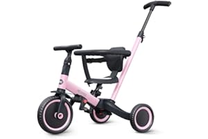 newyoo 5 in 1 Trike for 1-3 Year Olds, Baby Balance Bike, Christmas & Birthday Gift for Boy & Girl, Toddler Tricycle with Parent Push Handle, Safety Guard, Backrest & Safety Belt, TR008, Pink