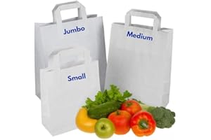 Clearly White SOS Kraft Paper Bags with Handles | 70 GSM -Thickness | SOS Takeaway Lunch Grocery Gift | Take Away Bags for Shopping Store Bakery Restaurants (250, Small)