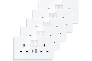 JIMEIDA 5 Pack Double Switched Socket 13 Amp with USB A and Type C Charging Ports Crystal White Glass Panel Wall Outlet Electric Power Socket