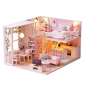 DIY niature Loft Dollhouse Kit Realistic 3D k Wooden House Room Toy with Furniture LED Lights Christmas Children's Day Birthday Gift(No Dust Cover-No Music Box)-POOWE