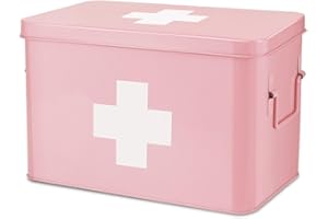 Flexzion Medizinbox, Hausapotheke Box, Apothekenbox - 31x21x19cm Medikamenten Aufbewahrung Box aus Metall für Notfall, Erste Hilfe Schrank, mit Seitengriffen, abnehmbarem Tablett & 5 Fächern, rosa