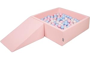 KiddyMoon Parque Infantil De Espuma con Cuadrada Piscina De Bolas (200 Bolas) para Niños, Rosa:Azul Claro/Rosa Claro/Perla
