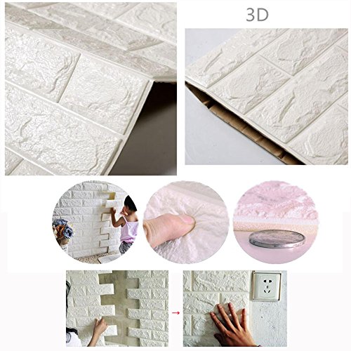 Wuiyepo 3D Ziegelstein Tapete Selbstklebend Brick Muster Tapete Fototapete Wandaufkleber für Schlafzimmer Wohnzimmer moderne Hintergrund TV-Decor,60*60cm,weiß,1Stk - 8