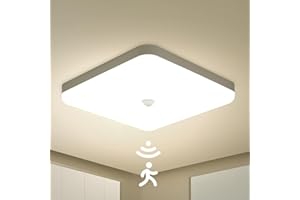 Combuh Lampa sufitowa z czujnikiem ruchu, 30 W, IP56, 2400 lm, naturalna biel (4000 K), wodoszczelna lampa sufitowa LED do łazienki, biura, na werandę, do garażu, na balkon, 25 x 25 x 4 cm