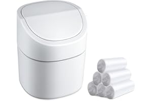 Ronyes Mini Desktop Trash Can with Swing Lid with Trash Bag 180 Pcs, 2 Litres Swing-Top Small Countertop Garbage Bin Tiny Table Top Plastic Covered Waste Basket Can (White)