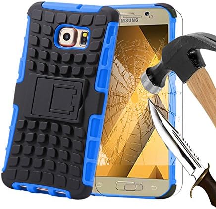 For Samsung Galaxy A5(2017), Armor Case Tough Rugged Shock proof Armorbox Dual Layer Heavy Duty Carrying Hybrid Hard Slim Protective Case For Galaxy A5(2017) (with Kickstand) + Tempered Glass Screen Protector-Blue