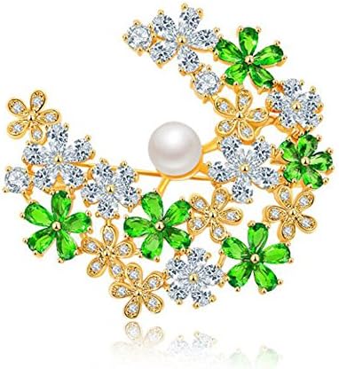Hanie Women Brooch 18K Gold Tone Flower White and Green Cubic Zirconia and Pearl with Gold Plated Stainless Steel Chain can also wear as Necklace Suitable for Dress Sweater Coat Suit