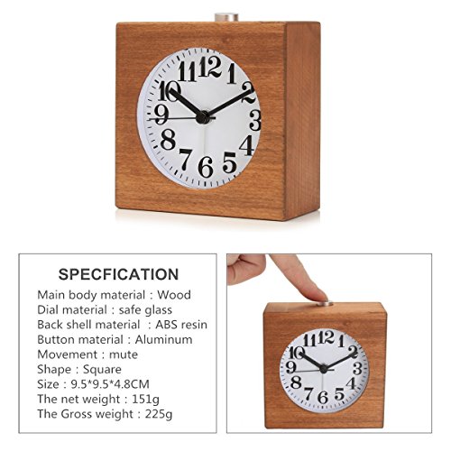Holz Wecker von Baban kleine Nachttischuhr Tischuhren Stumm Uhr Licht- und Weckfunktion/Schlummerfunktion mit Nachtlicht Schlafen Bedside Wecker für Studenten Kinder Sapele - 2