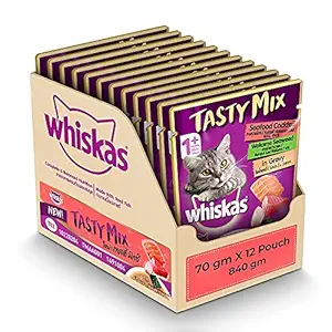 Whiskas Adult (1+ Year) Tasty Mix Wet Cat Food Made with Real Fish, Seafood Cocktail Wakame Seaweed in Gravy - Pack of 12