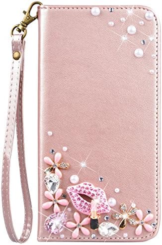GrandEver Rose Gold Flip Leather Cover for Sony Xperia Z5 Compact Bling Bling Diamond Rhinestones Pink Sexy Lip Flower Design Sony Xperia Z5 Compact Stand Bookstyle Shell PU Hull Solid Color Design Shell Leather Folio Case with Card Slots Cell Phone Holder Cases Covers for Sony Xperia Z5 Mini/Z5 Compact