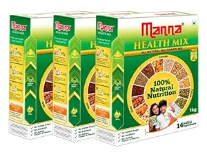 Manna Health Mix 3Kg | 100% Natural Multigrain Nutrition Drink for Kids | Multi Millet Health Drink Mix Powder (1kg x 3 Packs) | 14 Natural Ingredients | Millets, Nuts, Cereals & Pulses | Sathu maavu | Porridge Mix