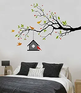 Rawpockets Decal ' Heart-in Flower Tree with Bird Cage ' (Material - PVC Vinyl Matte Finish, Wall Coverage Area - Height 85cm X Width 125cm) ( Pack of 1) Wall Sticker