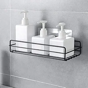 FreshDcart Steel Hanging Kitchen Shelf Organizer Caddy Self-Adhesive Plain Shelves Organizer Magic Sticker Adhesive No Drilling (1Pc, 4 Stickers, Bathroom Rack Shelf- Steel)