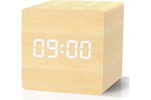aboveClock Reloj Despertador Digital, Despertador con Alarmas 3, Pantalla LED Clara, Brillo y Volumen Ajustables, Control de Voz, Modo Fin de Semana, Recargable por USB【Madera Clara】
