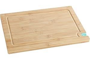 WENKO Tabla de cortar con afilador de cuchillos 30x23 cm - Tabla de cocina, tabla de cortar con surco de goteo para líquidos, cuidando el filo de los cuchillos, Bambú, 33 x 1.5 x 23 cm, Marrón