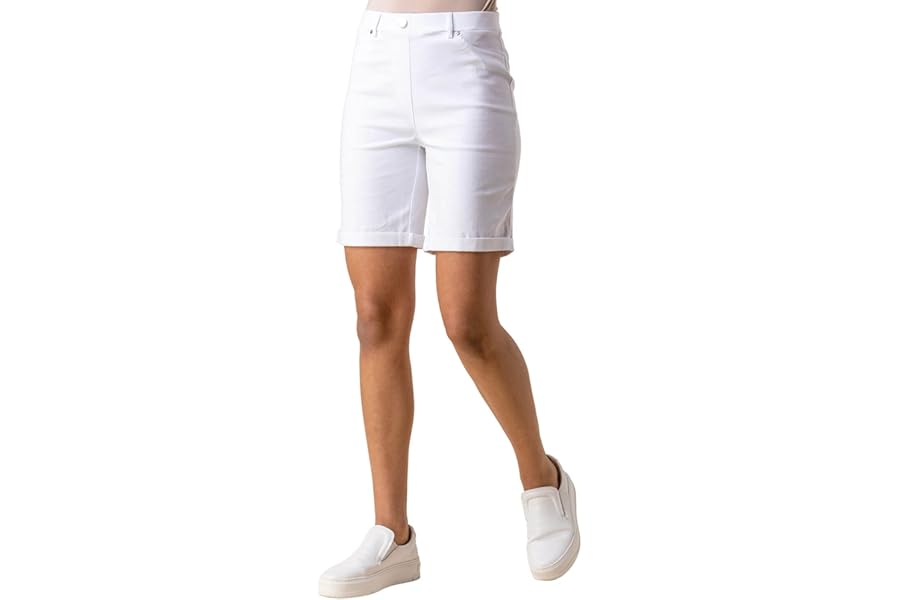 Roman Stretch Shorts for Women UK Ladies Pull On Turned Hem Cut Off Bengaline Mom Boyfriend Boy Denim Casual Cropped Pants Capri Slim Fit Turn Up Summer Crops Mother
