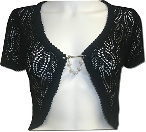 Kirkwood Of Scotland New Womens Knitted Bolero Shrug Crochet Cardigan Ladies Pin Broach Pearl UK 8-12 (UK 12, Black)