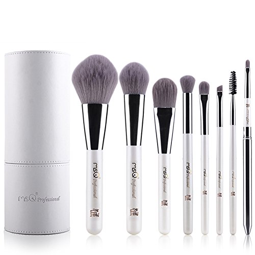 MSQ® 8pcs Makeup Brushes Set Soft Synthetic Hair Solid Wood Handle Professional Cosmetic Brushes With Luxury PU Leather Cylinder Best Gift For Your Love (Collection' Edition) (White)