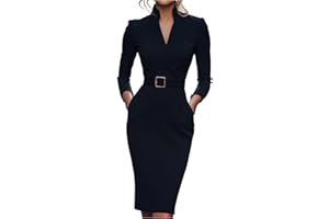 ZRYAZQ Etuikleid Damen Elegant Business Lang Kleider Damen Winter Langarm Curvy Herbstkleid Midi V Ausschnitt Winterkleid Stehkragen mit Gürtel Damenkleider Festlich Enges Kleid mit Taschen Abendkleid