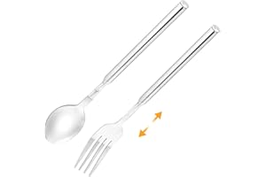 HAPPOW 2pcs Extendable Fork Spoon Set, Telescopic Stainless Steel Fork and Spoon Extends to 25", Expandable Extension for BBQ Fruit