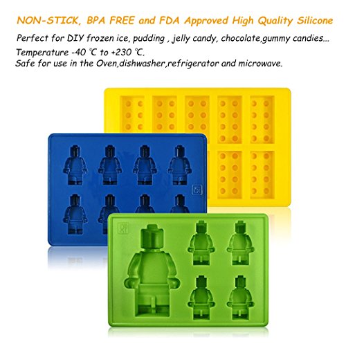 eighteen-u Lego geformte Roboter Form, Set von 3 Silikon Formen für LEGO Liebhaber Bausteine und Roboter Geburtstag Kuchen Dekoration Candy Formen Schokolade Formen Seife Formen Backen Formen Smile Hocker Ice Cube Jello Formen Candy Dessert