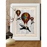 Kunstdrucke Elefant Luftballon, Heißluftballo auf Antike Buchseite, #EB010