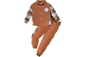 HEOXIN Set di Abbigliamento per Bambini, Plaid Felpa + Pantaloni 2PCS Set, Top con Bottoni a Maniche Lunghe con Tasca, Pantaloni Elastico Set da Jogging per Bambino 6-12 Anni, Rosso/Nero/Marrone