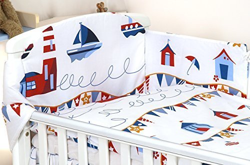 5 PCS NURSERY BEDDING SET TO FIT COT & COT BED BABY PILLOW DUVET BUMPER (to fit cot size 120x60cm, Marine White)