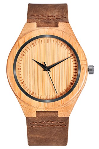 Mecan Herrenuhr Holz Quarz-Analog-Bambus Braun Calf Lederband Armbanduhr 001