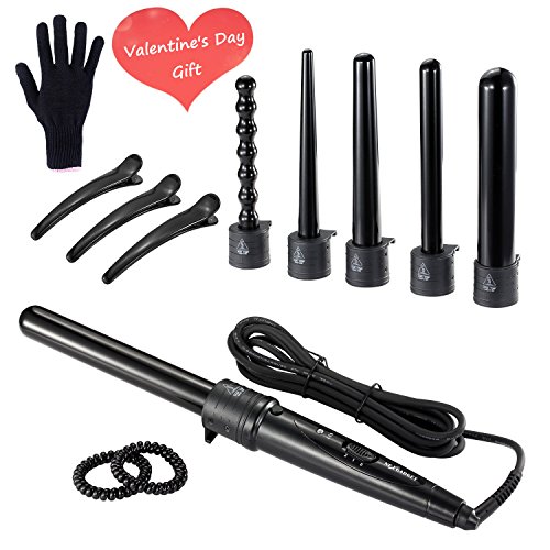 NexGadget 6 in 1 Multi-Lockenwickler Kit, Turmalin Keramik Lockenwickler Stick Haar Lockenstab mit 6 austauschbare professionelle Curling Eisenstab und hitzebeständige Handschuhe（HaushaltSet）