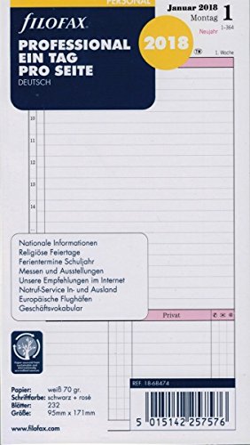Filofax 000018 - 68474 Calendario, Personal Professional 1 Tag su 1 lato (D) 2018 libro