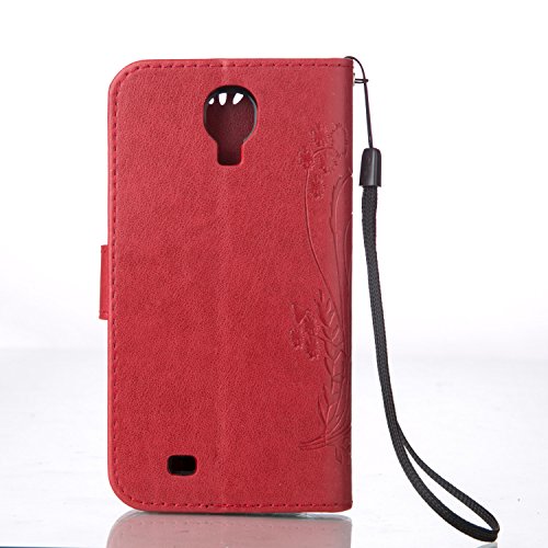 Galaxy S4 Hülle,Galaxy S4 Case,Galaxy S4 Leder Wallet Tasche Brieftasche Schutzhülle,ikasus® Prägung Schmetterling Blumen Muster PU Lederhülle Flip Hülle im Bookstyle Cover Schale Stand Ständer Etui Karten Slot Schutzhülle Grau Tasche Wallet Case für Samsung Galaxy S4 i9500 – Groß Schmetterling:Rot - 2