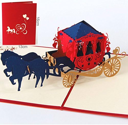 UNIQUEplus Carriage Horse Creative 3D Pop UP Greeting Kirigami Gift Cards for Anniversary, Wedding, Birthday, Couple, Mother's Day, Father's Day, Thank You (RED))