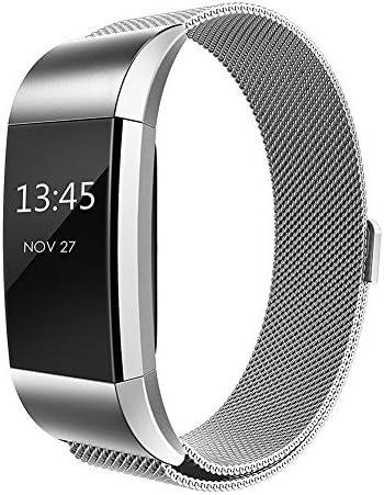 Fitbit Charge 2 HR Fitness Tracker Band By WandLee, Stainless Milanese Loop Bracelet Strap with Unique Magnet Lock, No Buckle Needed (Silver)
