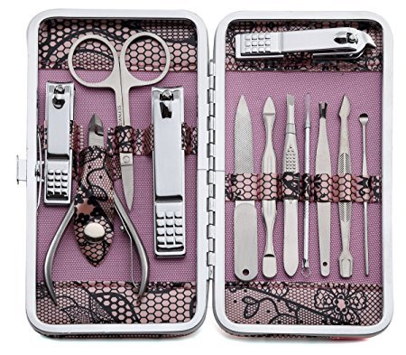 Keiby Citom Professional Stainless Steel Nail Clipper Set - High Quality Nail Tools Manicure & Pedicure Set of 12pcs - Travel & Grooming Kit with Luxurious Case (Pink)