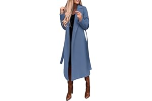 EMUKFD Womens Classic Coat Lapel Collar Open Front Belted Long Jacket Autumn Winter Mid-Length Coat Solid Color Outwear Winter Warm Trench Coat for Women Oversized Long Jacket