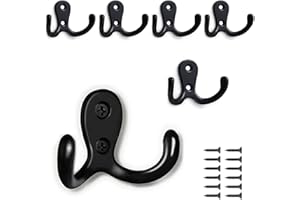 PAIDASHU 6-Pack Double Coat Hooks, Metal Hooks, Wall-Mounted Coat Hooks with Screws for Hanging Clothes, Hats, Towels, Keys, Kitchenware, for Living Room, Bedroom, Bathroom, Kitchen (Black)