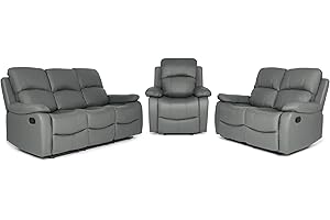 Bravich LUXURY Grey Gray Bonded Leather Recliner 1+2+3 Sofa Set Seater Reclining Sofa Suite Settee Couch Lounge Home Lounge Armrest Footrest