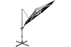 Outsunny 3m Cantilever Roma Parasol Adjustable Garden Sun Umbrella with LED Solar Light, Aluminum Frame, Tilt & Crank, UV50+, Cross Base Rotating Outdoor