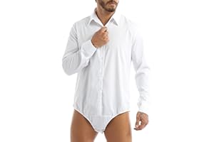MSemis Herren Body Langzarm Hemdbody mit Druckknöpfe im Schritt Kentkragen Hemd Herren Baumwolle Bodysuit Overall Einteiler