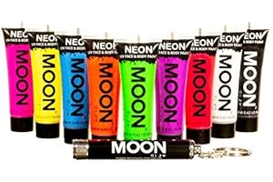 Moon Glow Intense UV Neon Peinture pour le visage et le corps – Comprend un porte-clés UV, rose, orange, jaune, vert, bleu, violet, rouge, blanc, noir, 12 ml (lot de 9)