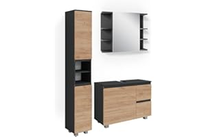 Vicco Badmöbel-Set Grau J-Shape, bestehend aus Bad Spiegelschrank, Waschbeckenunterschrank, Hochschrank - Viel Stauraum Oben und unten