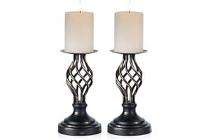 Nuptio Portavelas Negro: Portavelas Vintage para Velas Pilar, Portavelas de Metal Navidad Pascua Decoración de Hogar Mantel Salón Fiesta Boda Centro de Mesa, 2 Piezas(22cm)