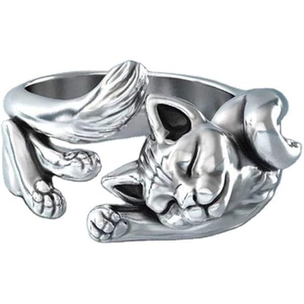 Qings Damesringen, 925 zilver, kat, verstelbaar, open, kat, dier