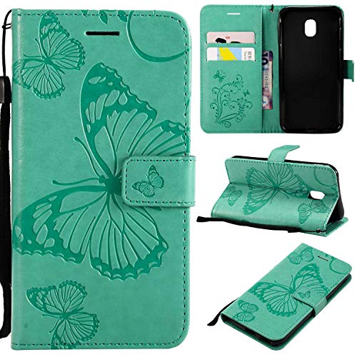Preisvergleich Produktbild Galaxy J3 2017 Hülle, Conber Handyhülle mit [Frei Schutzfolie], Leder Schutztasche Klappetui Ledertasche Emboss 3D Schmetterling Leder Handy Schutzhülle für Samsung Galaxy J3 2017 - Grün