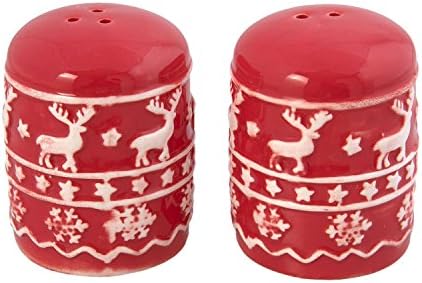 RED WHITE SNOWFLAKE REINDEER STAR NORDIC CERAMIC SALT &amp; PEPPER SET 5CM X 7CM